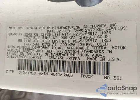 2008 Toyota Tacoma Base V6 из США, поврежденный, VIN 5TELU42N08Z554331